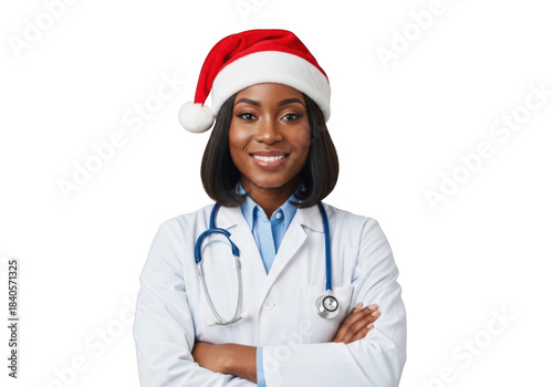 Smiling african american female medical professional wearing a festive santa hat and white lab coat with stethoscope isolated on transparent background