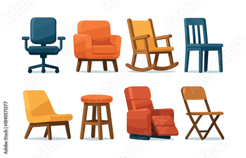 Modern furniture set, chairs, stools, armchairs, flat vector illustration