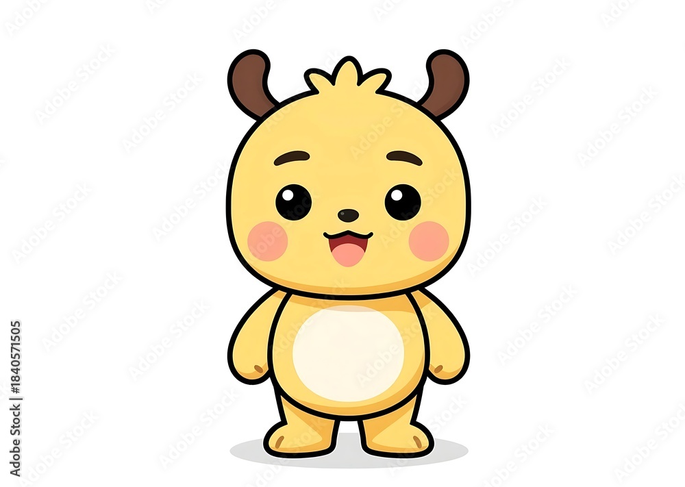 Fototapeta premium Cute round yellow cartoon creature mascot with big eyes and playful smile illustration.