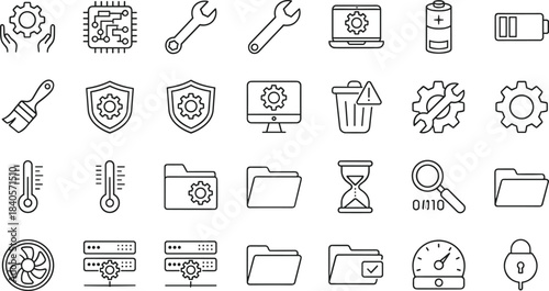 Vector illustration set of clean minimal line icons for system settings, maintenance tools, security protection, performance management, diagnostics, folders, and device optimization.