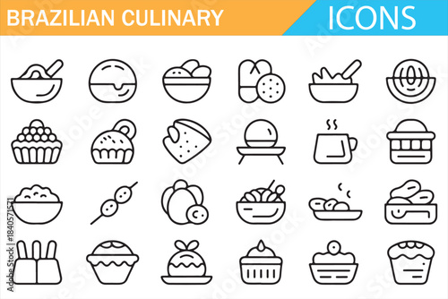 Brazilian traditional dishes and drinks vector icon set for graphic design
