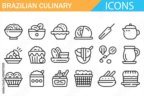 Brazilian meal and beverage icon set for restaurant branding projects