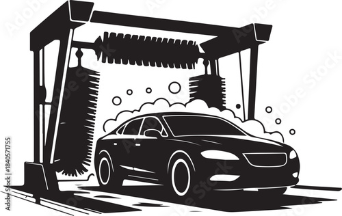 Black and white illustration of a car going through an automatic car wash automobile cleaning
