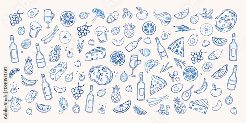 Hand drawn food and drink illustration in blue outline style
