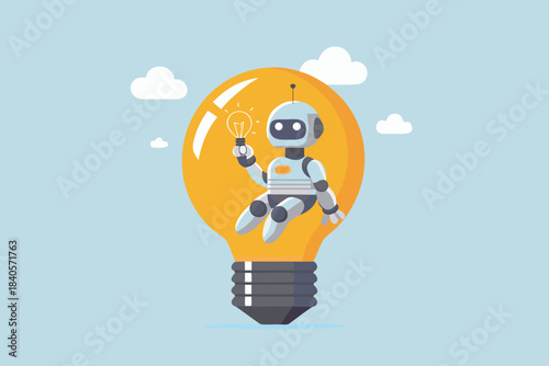 Robot with a lightbulb idea sitting inside a larger lightbulb