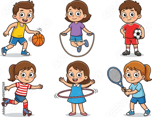 Active cartoon children playing various sports and outdoor games including basketball, jump rope, soccer, skating, hula hoop and tennis in fun activity illustration
