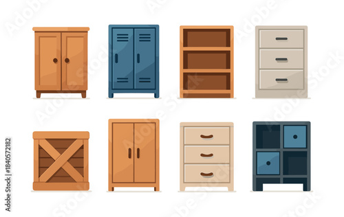 Cabinet and cupboard collection, wooden storage, flat vector illustration