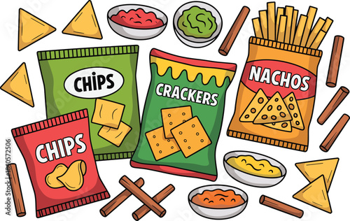 Colorful cartoon snack assortment with chips, crackers, nachos and dipping sauces, fun food illustration for snack packaging and fast-food design