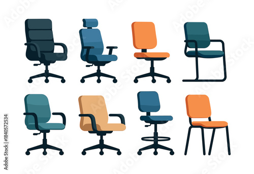 Office chair set, ergonomic seating options, flat vector illustration