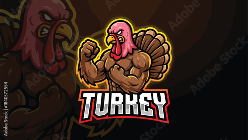 Fierce muscular turkey mascot flexing powerful arms in bold esport style vector illustration designed for competitive gaming logos and strong branding