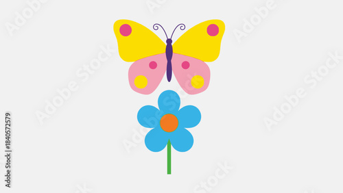 A bright and colorful illustration of a yellow and pink butterfly hovering above a blue flower with an orange center.