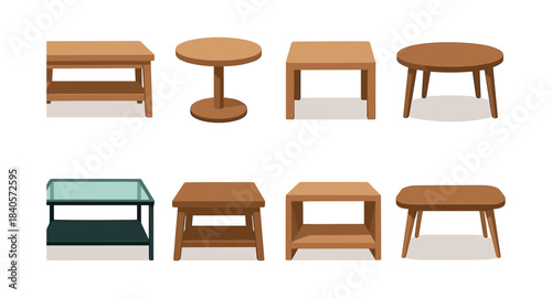 Flat vector illustration of wooden tables and stools, minimalist furniture design