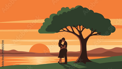 A romantic silhouette illustration of a couple embracing under a large tree at sunset by a lake with mountains in the background.