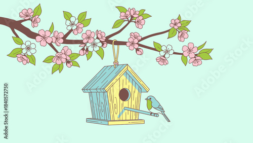 A charming illustration of a birdhouse hanging from a blossoming tree branch with a small bird perched nearby.