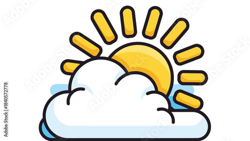 Cartoon illustration of a bright yellow sun peeking over a fluffy white cloud with a blue outline, symbolizing partly cloudy weather or a new day.