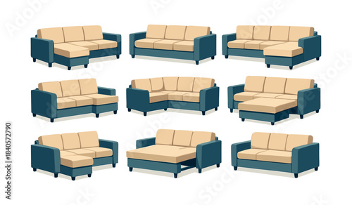 Modern sofa set, living room decor, flat vector illustration of sectional couches