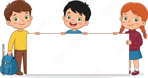 Happy school children holding large blank banner for text, cheerful cartoon kids illustration perfect for education materials, announcements, classroom posters, and creative designs
