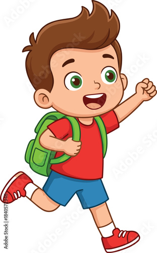 Illustration of a happy schoolboy running with backpack, showing excitement, energy, positivity, childhood enthusiasm, education theme, active movement, and joyful student life