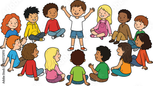 Illustration of diverse children sitting in a circle with one child speaking, showing teamwork, communication, social learning, friendship, and classroom interaction