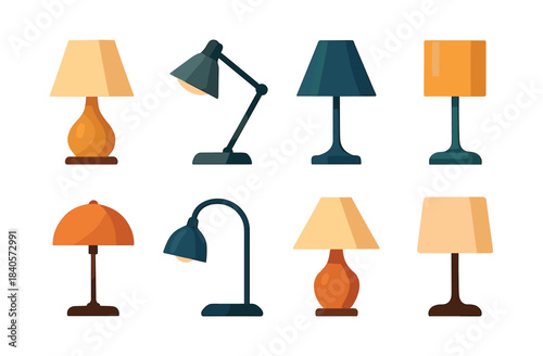 Table and desk lamps set, lighting, home decor, flat vector illustration