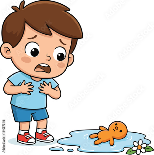 Sad cartoon boy looking at his fallen toy in a puddle, emotional children’s illustration expressing empathy, feelings, life lessons, and storytelling vector art