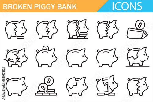 Investment risk and money damage piggy bank vector icon collection