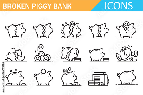 Budget failure and broken piggy bank minimalist outline icon set