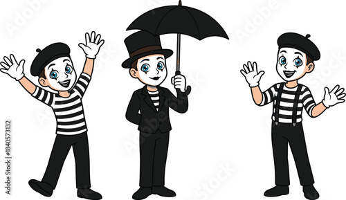 Playful mime characters performing expressive gestures in classic striped outfits and hats, showcasing fun theatrical poses in charming cartoon vector style