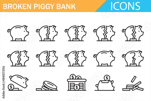 Banking loss and cracked piggy bank icon pack for web and app UI design