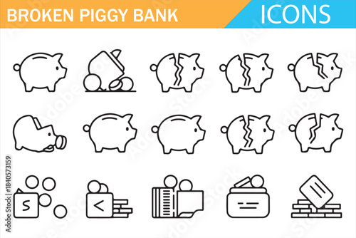 Money loss and broken piggy bank vector icons for finance design projects