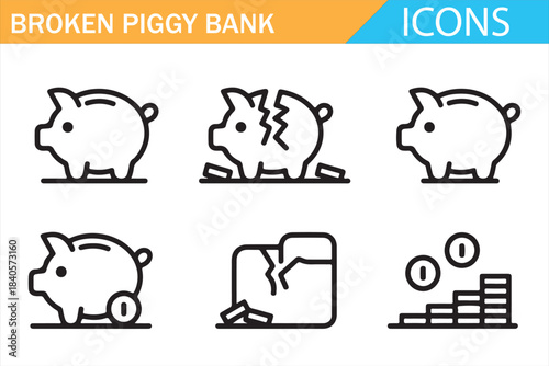 Piggy bank damage and broken savings outline icon collection vector set