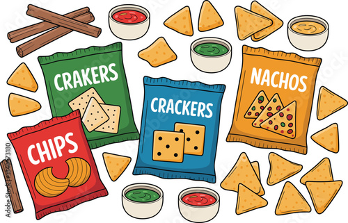 Colorful cartoon snack assortment with chips, crackers, nachos and dipping sauces, fun food illustration for snack packaging and fast-food design