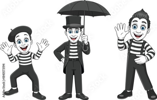 Three cheerful mime characters performing expressive poses with striped outfits, creative gestures, theatrical expressions, artistic entertainment, classic pantomime cartoon illustration