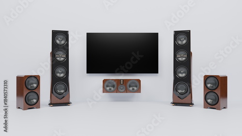 Four tall speakers and a center speaker surround a flat-screen television on a white wall. space is arranged to offer an immersive audio experience for entertainment. 3d render