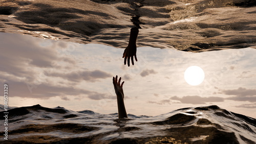 Fényképezés Two hands emerge from water as the sun sets in the background