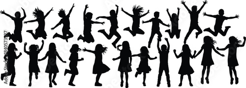 Silhouettes of joyful children jumping, running, dancing, playful kids in motion, energetic poses, group activity illustration, black child figures isolated on white background