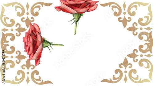 draw scenery of various red rose flower decorate with golden frame on abstract screen background
