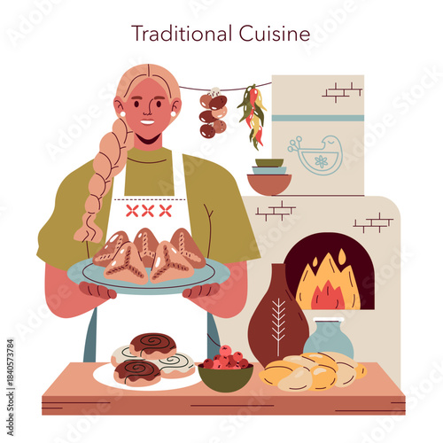 Woman Presenting Traditional Cuisine in Rustic Kitchen