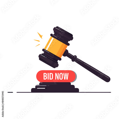Auction Gavel Illustration with Bid Now Button for Online Bidding.