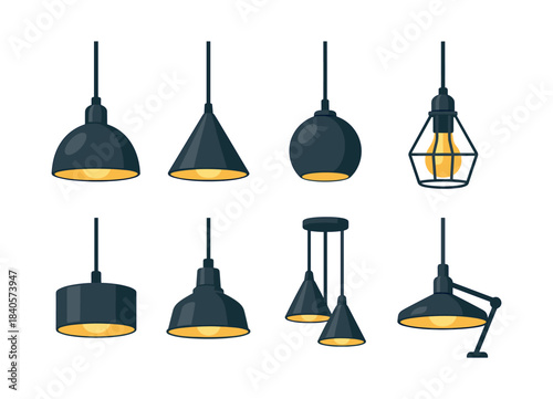 Hanging industrial lamps, lighting fixtures, flat vector illustration
