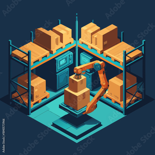 Automated Warehouse System with Robotic Arm and Pallet Racks.