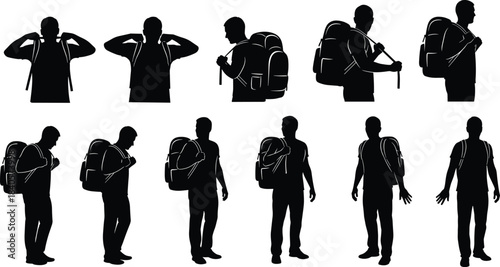 Silhouettes of men wearing and adjusting backpacks, walking with bags, travel and hiking concept, various backpack poses, isolated black figures showing active motion