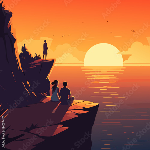 Contemplative Figures on Cliffside at Sunset A Moment of Reflection.