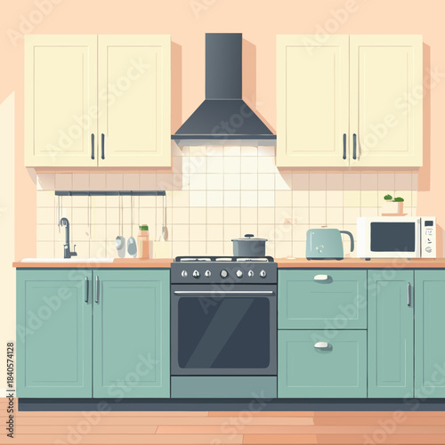 Cozy Kitchen Interior with Modern Appliances and Cabinets.