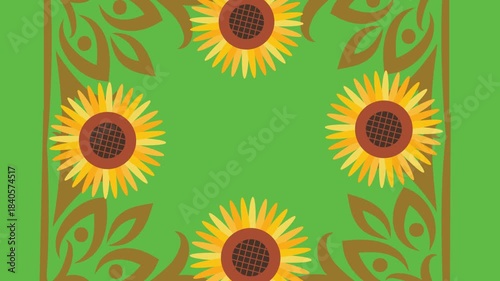 draw scenery of various sunflower decorate with colourful butterfly enclose by golden frame in square shape on green screen background
