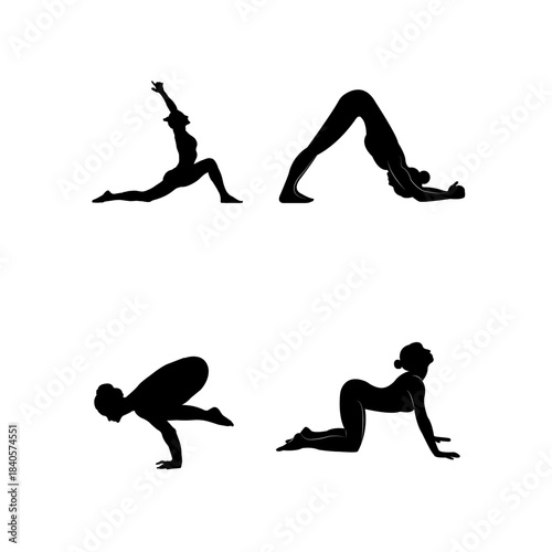 Three graceful yoga silhouettes capturing dynamic stretching positions for fitness, wellness, and healthy lifestyle themed designs.
