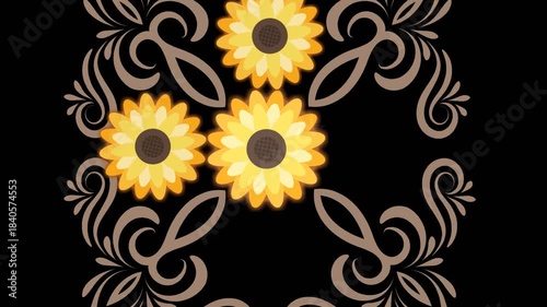draw various yellow sunflower decorate with golden frame on black screen background
