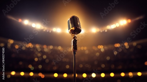 A vintage microphone under a dramatic spotlight on a dark stage, evoking a nostalgic concert vibe. event programs, museum guides, designed for cultural heritage projects and event programs.