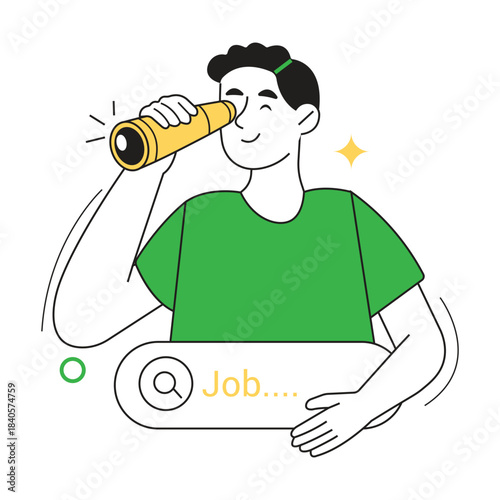 Job search and recruitment vector illustration. Person searching for job opportunities with a monocular, exploring career paths and future employment prospects.