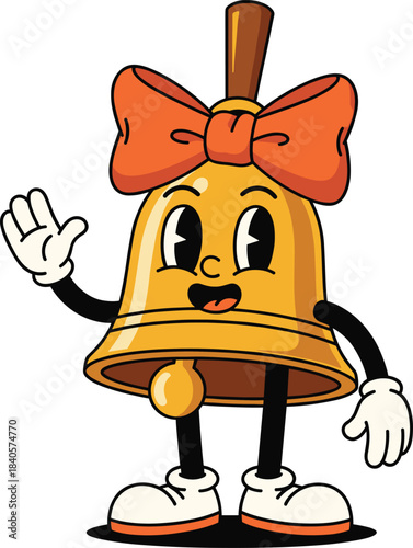 Cute Retro Cartoon School Bell Mascot Character Vector Illustration